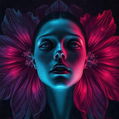 The primary subject of the image is a woman with a flower in her hair. She is wearing a blue dress and has a pink flower in her hair. The setting is a dark room, and the visual style is a digital art or illustration. The dominant colors in the image are blue and pink, creating a calm and serene atmosphere.
